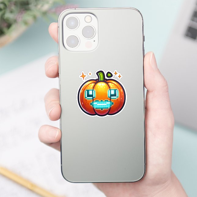 Glowing Pixel Pumpkin Vinyl  Retro Halloween Sticker (Phone)