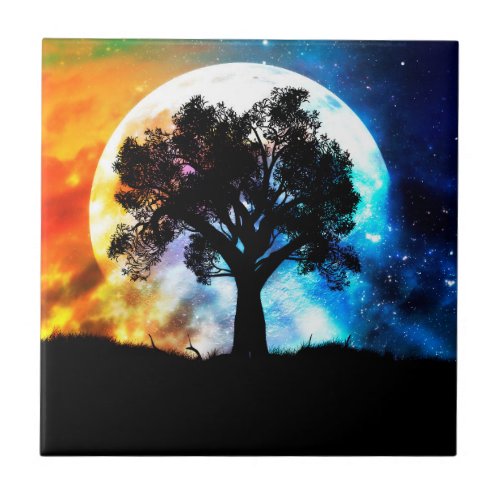 Glowing planet over starry sky and big tree ceramic tile