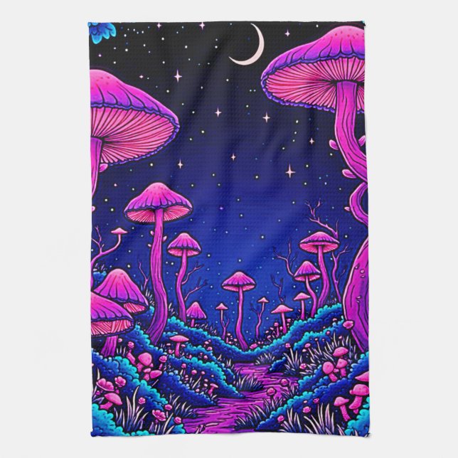 Glowing Psychedelic Mushroom Forest Night Kitchen Towel (Vertical)