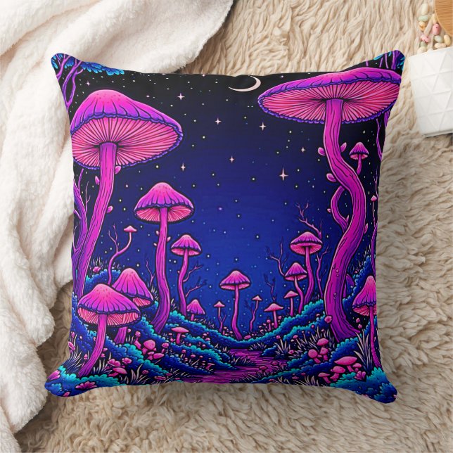 Glowing Psychedelic Mushroom Forest Night Throw Pillow (Blanket)