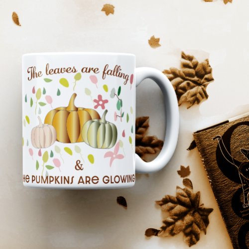 Glowing Pumpkin and Autumn Leaves Floral Doodle Coffee Mug