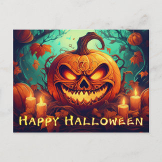 Glowing Pumpkin Candles Twisted Trees Art Holiday Postcard
