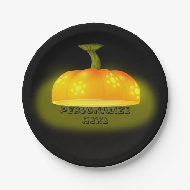Glowing pumpkin fall unique cute black orange paper plates (Front)