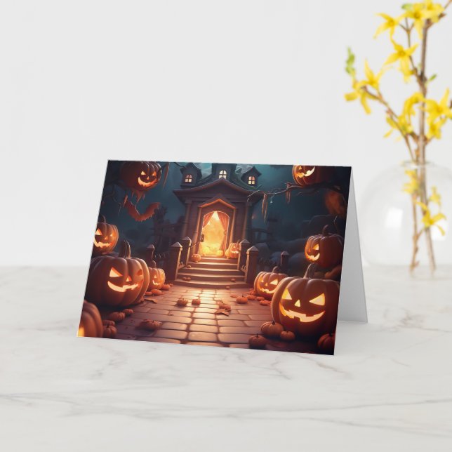 Glowing Pumpkin Halloween Card (Yellow Flower)