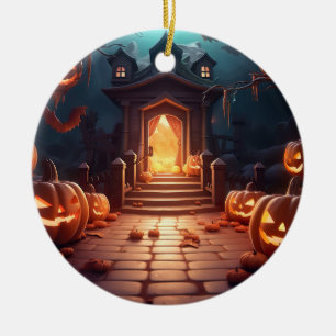 Glowing Pumpkin Halloween Ceramic Ornament