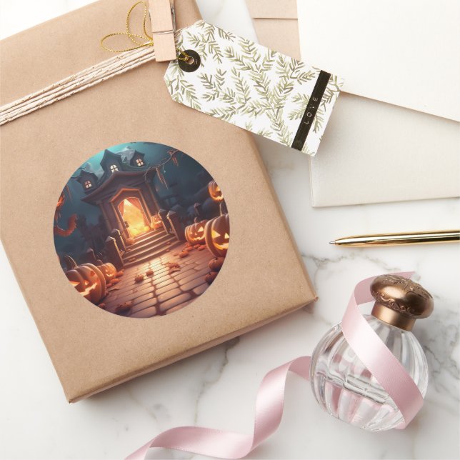 Glowing Pumpkin Halloween Classic Round Sticker (Gifting)