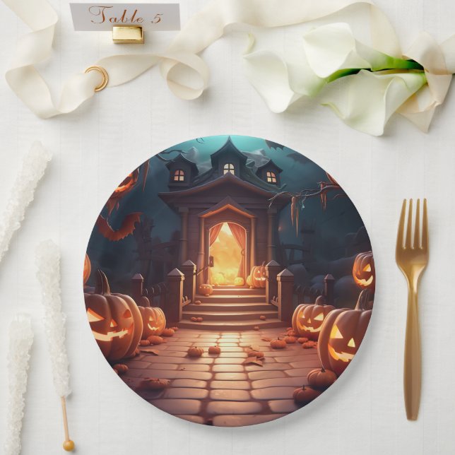 Glowing Pumpkin Halloween Paper Plates (Wedding)