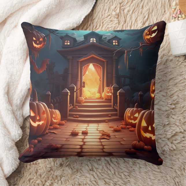 Glowing Pumpkin Halloween Throw Pillow (Blanket)