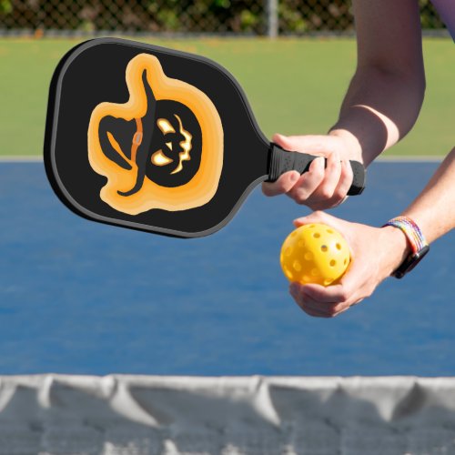 Glowing Pumpkin Witch On Black Pickleball Paddle