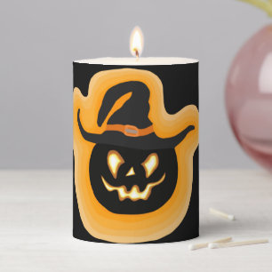 Glowing Pumpkin Witch On Black Pillar Candle