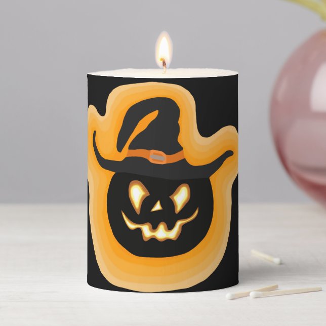 Glowing Pumpkin Witch On Black Pillar Candle (In Situ)
