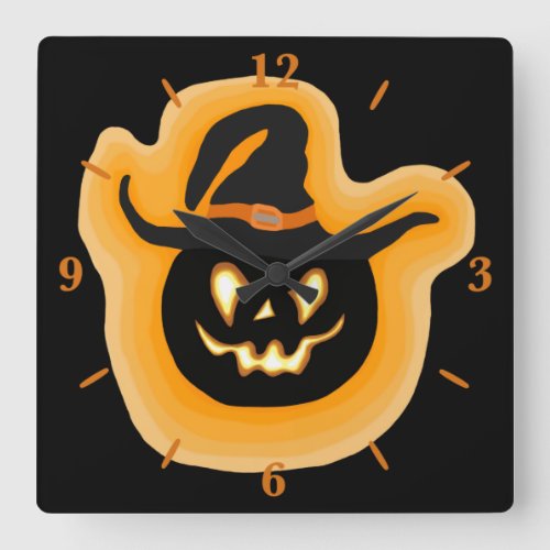 Glowing Pumpkin Witch On Black Square Wall Clock