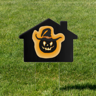 Glowing Pumpkin Witch On Black Yard Sign