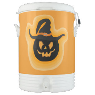 Glowing Pumpkin Witch On Orange Beverage Cooler