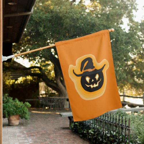 Glowing Pumpkin Witch On Orange House Flag