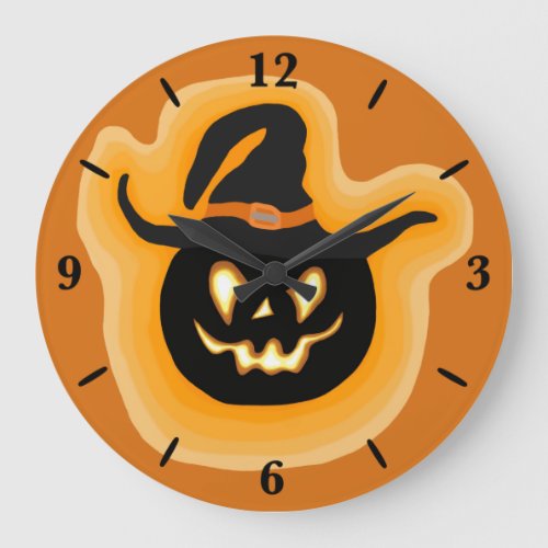 Glowing Pumpkin Witch On Orange Round Clock 