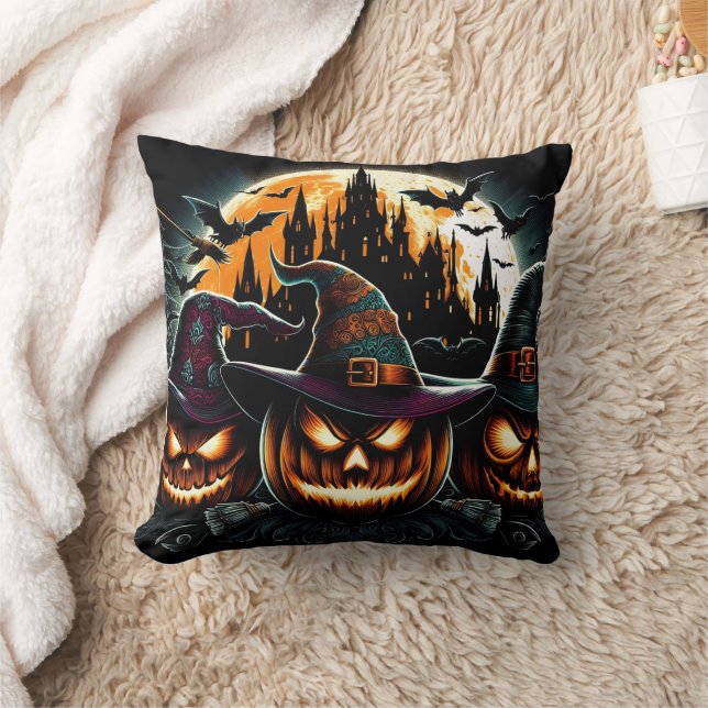 Glowing pumpkins shine under the moon throw pillow (Blanket)