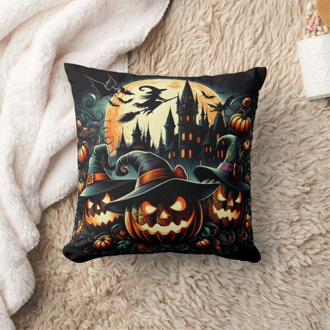 Glowing pumpkins under the full moon throw pillow (Blanket)