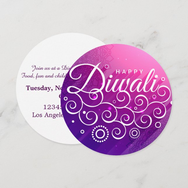 Glowing Purple curly vines ornament Happy Diwali Invitation (Front/Back)