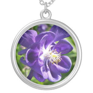 glowing purple flower silver plated necklace