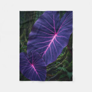 Glowing Purple Tropical Leaves Botanical Dark Flee Fleece Blanket