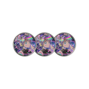 Glowing Rainbow Galaxy Anime Girl with Headphones Golf Ball Marker