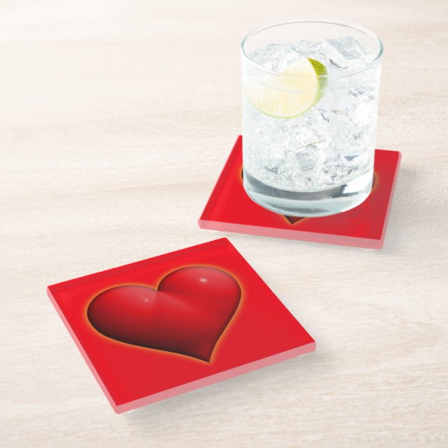 Glowing Red 3-D Heart Glass Coaster (Angled)