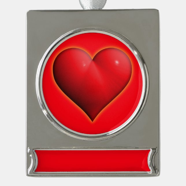 Glowing Red 3-D Heart Silver Plated Banner Ornament (Front)