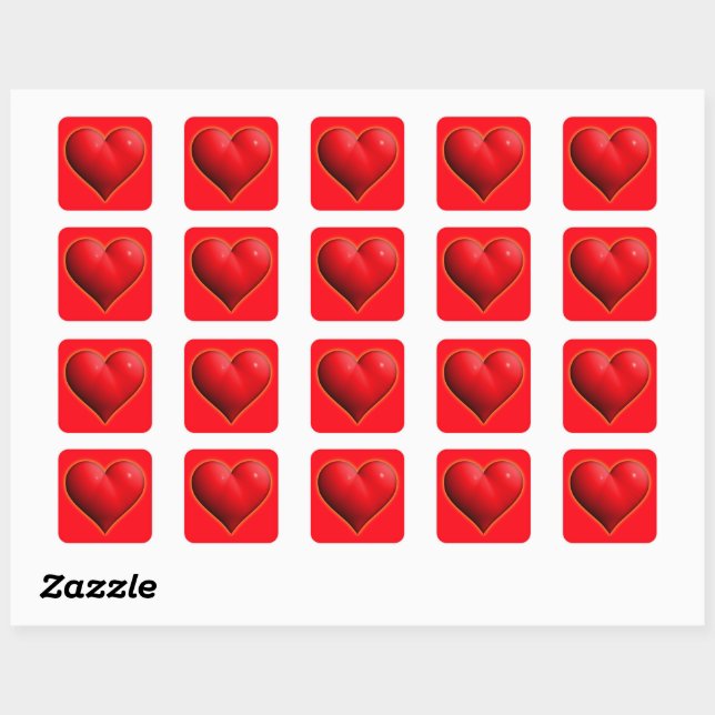 Glowing Red 3-D Heart Square Sticker (Sheet)