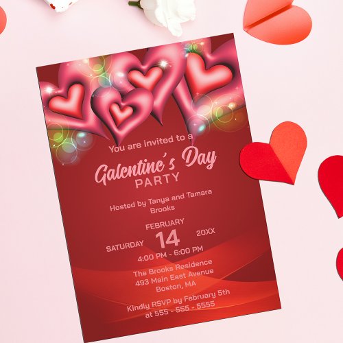 Glowing Red and Pink Hearts Galentines Day Invitation