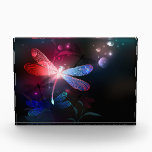 Glowing red dragonfly acrylic award<br><div class="desc">Glowing,  flying,  red dragonfly,  with transparent,  detailed wings on dark,  nocturnal,  luminous background with tropical plants and fireflies. Red dragonfly.</div>