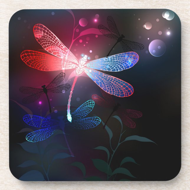 Glowing red dragonfly beverage coaster (Front)