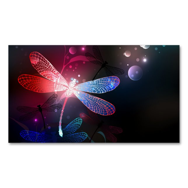 Glowing red dragonfly business card magnet (Front)