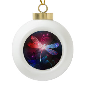 Glowing red dragonfly ceramic ball christmas ornament