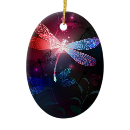 Glowing red dragonfly ceramic ornament