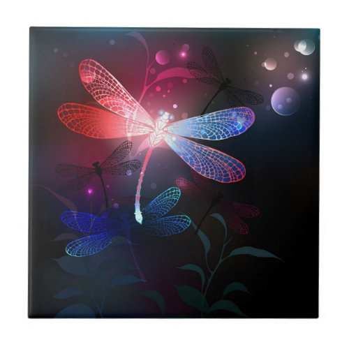 Glowing red dragonfly ceramic tile