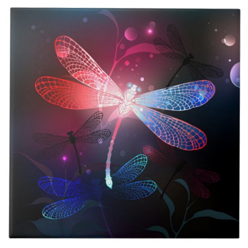 Glowing red dragonfly ceramic tile