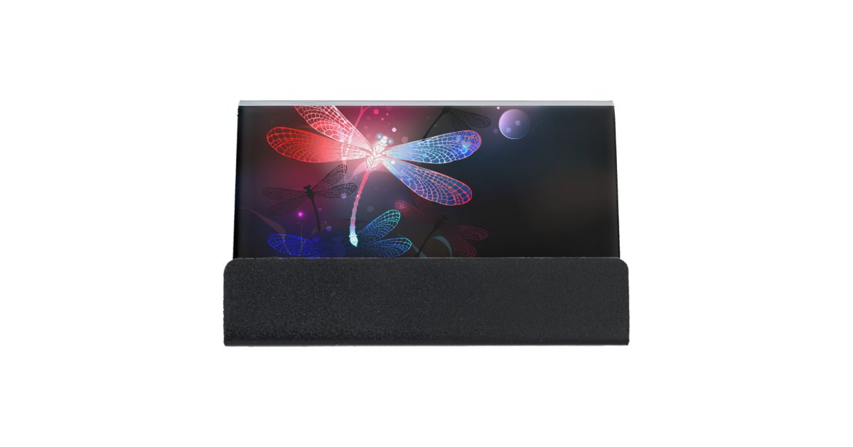Glowing red dragonfly desk business card holder Zazzle