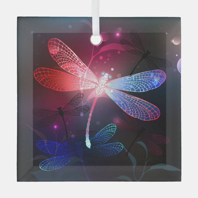 Glowing red dragonfly glass ornament (Front)