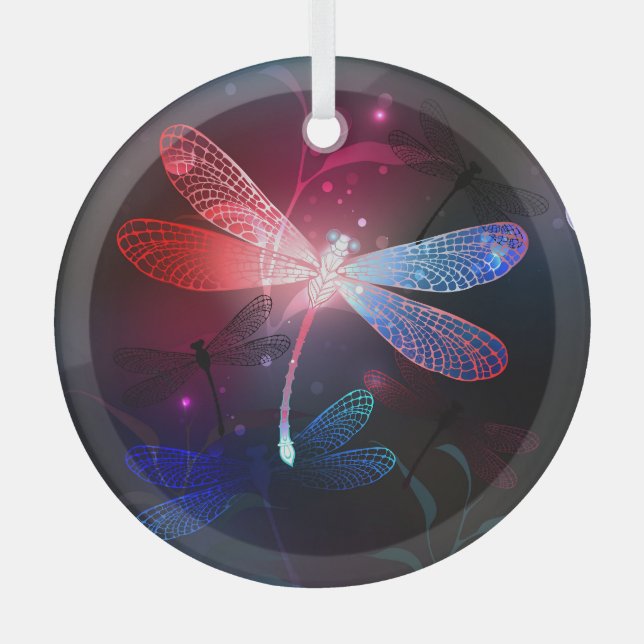 Glowing red dragonfly glass ornament (Front)