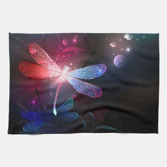 Glowing red dragonfly kitchen towel (Horizontal)
