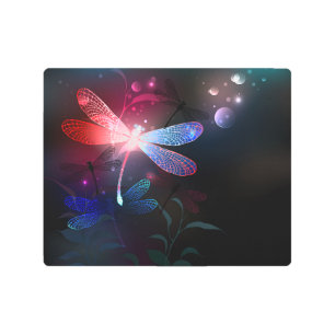 Glowing red dragonfly metal print