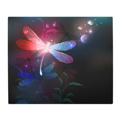 Glowing red dragonfly metal print