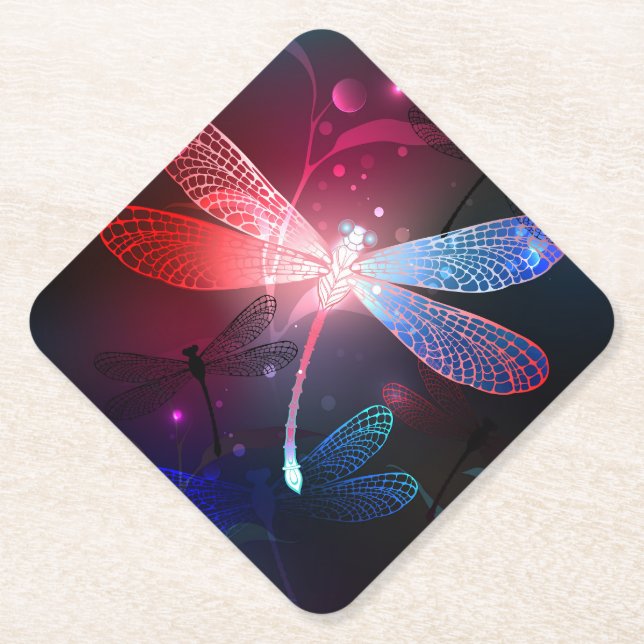 Glowing red dragonfly paper coaster (Front)