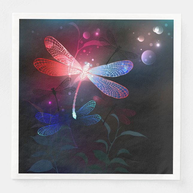 Glowing red dragonfly paper dinner napkins (Front)