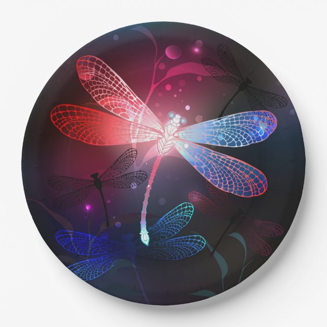 Glowing red dragonfly paper plates (Front)