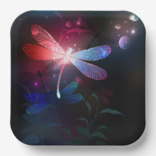 Glowing red dragonfly paper plates (Front)