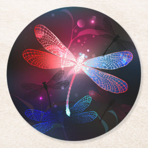 Glowing red dragonfly round paper coaster