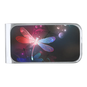 Glowing red dragonfly silver finish money clip
