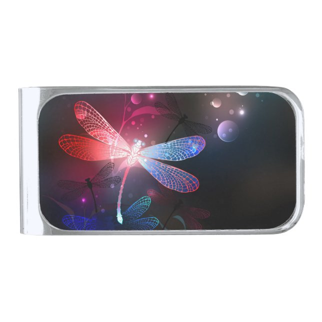 Glowing red dragonfly silver finish money clip (Front)